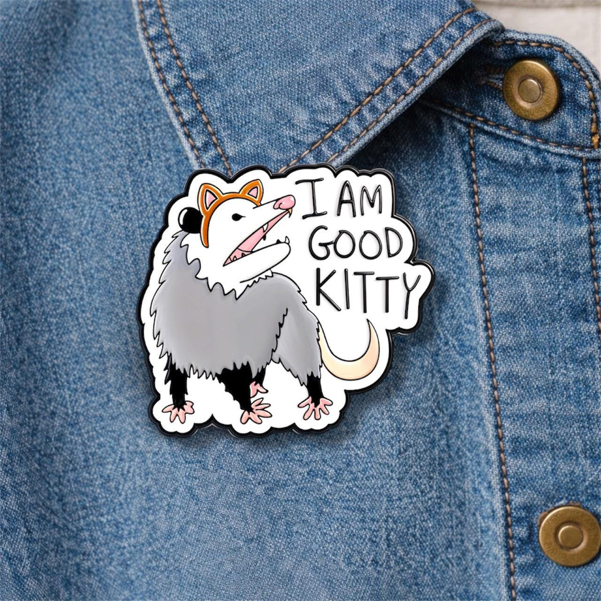 Funny Opossum cat Cosplay Enamel Pins I Am Good Kitty Brooch Lapel Badge Backpack Jewelry Gift