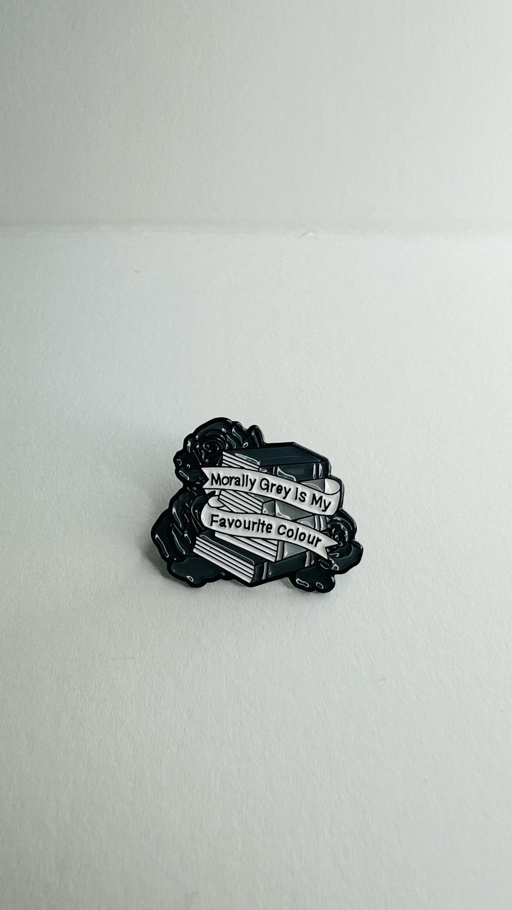 Morally Grey Enamel Pin – Dark Aesthetic Black & White Rose Book Gothic Literary Brooch