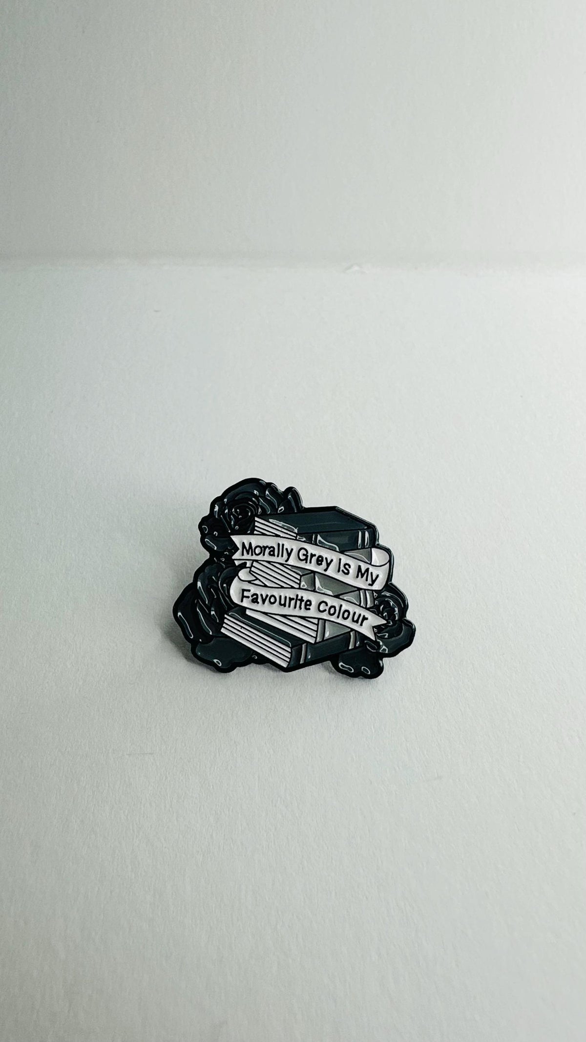 Morally Grey Enamel Pin – Dark Aesthetic Black & White Rose Book Gothic Literary Brooch