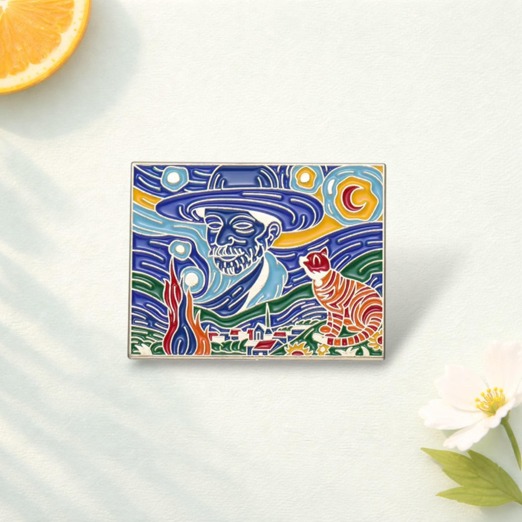 Starry Night Cats Enamel Pin Van Gogh Inspired Oil Painting Cat Brooch Art Badge Animal Lover Gift Lapel Pin Jewelry Kids Friends
