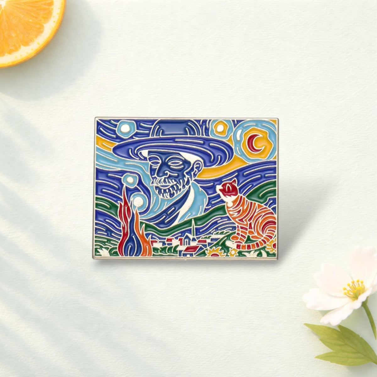 Starry Night Cats Enamel Pin Van Gogh Inspired Oil Painting Cat Brooch Art Badge Animal Lover Gift Lapel Pin Jewelry Kids Friends