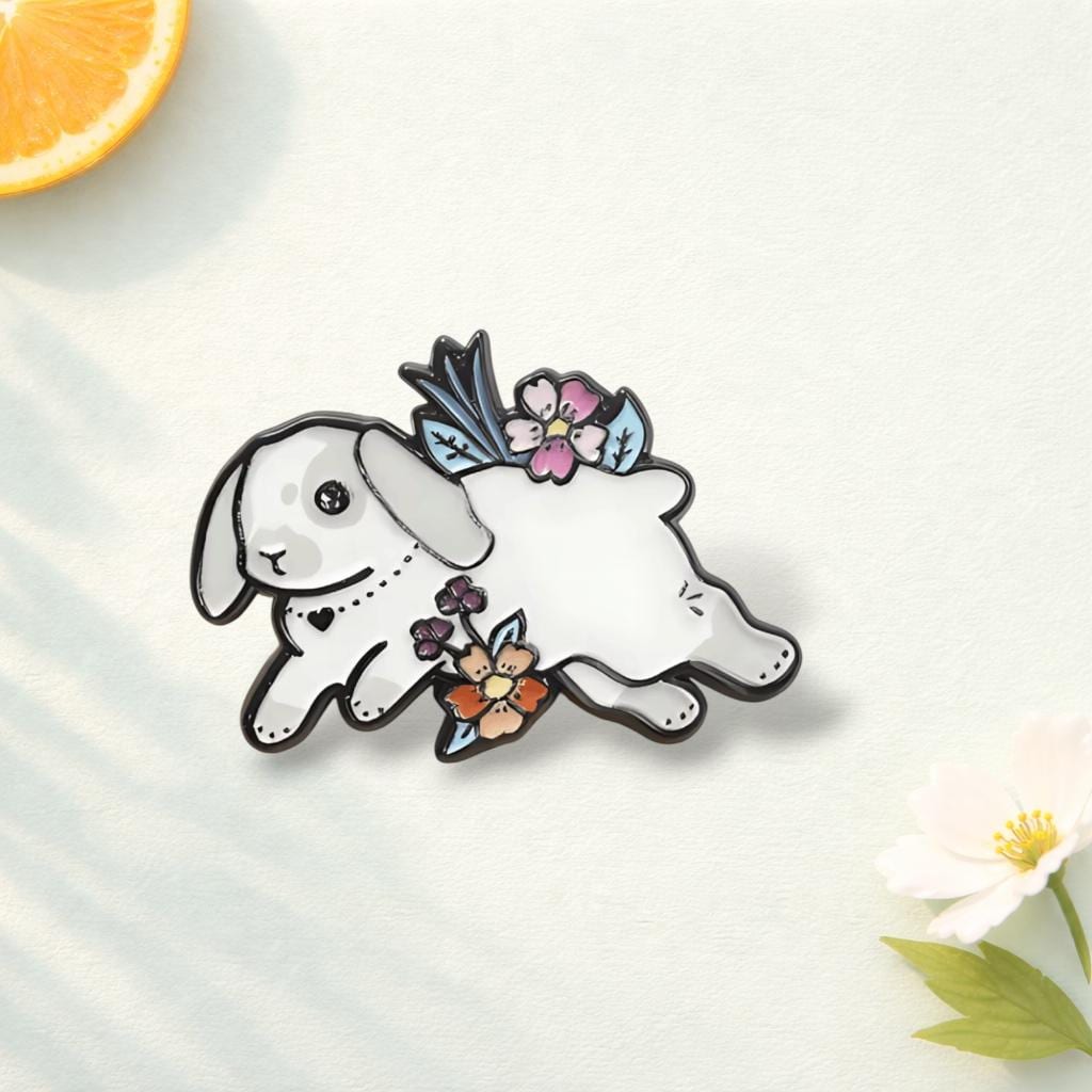Cute Rabbit Enamel Pin Floral Bunny Brooch Lop Eared Rabbit Lapel Pin Cartoon Animal Jewelry Backpack Hat Clothing Gift for Bunny Lovers