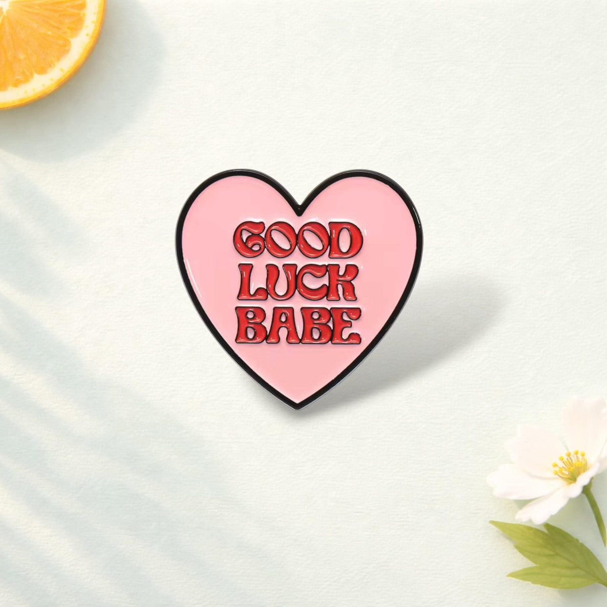 Good Luck Babe Enamel Pin – Pink Heart Cute Fashion Brooch – Lapel Badge Backpack Accessory Cosplay Jewelry Gift