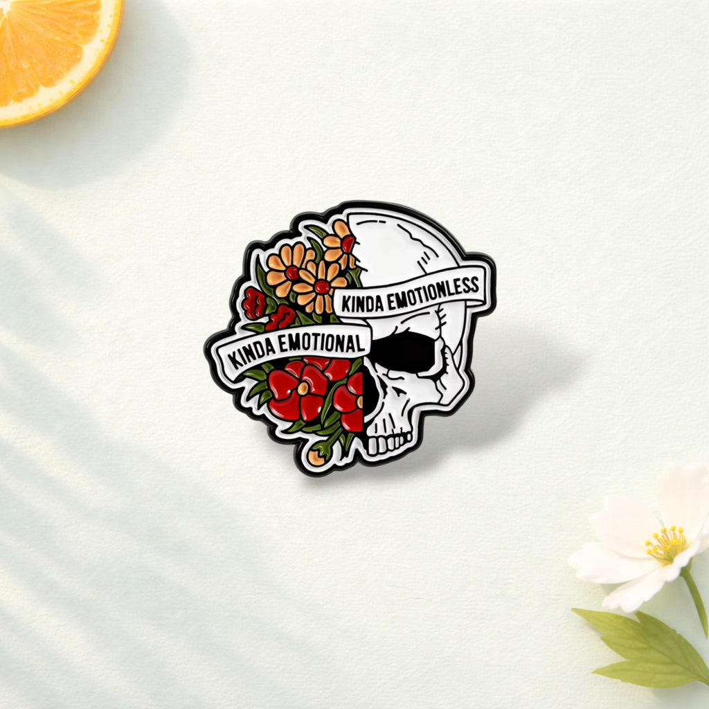 Gothic Skull “Kinda Emotional” Enamel Pin – Punk Skeleton Flower Sad to the Bone Brooch – Lapel Badge