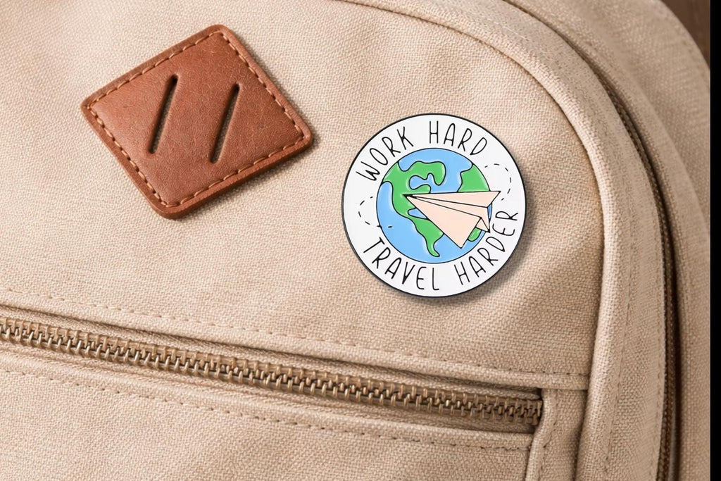 Work Hard Travel Harder Enamel Pins Earth Paper Airplane Adventure Theme Lapel Brooch