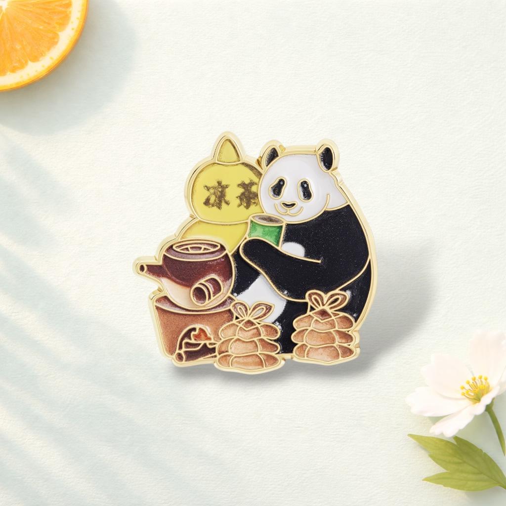 Cartoon Panda Enamel Pin Drinking Herbal Tea and Eating Bamboo Brooch Lapel Badge Cute Animal Jewelry Gift for Friends