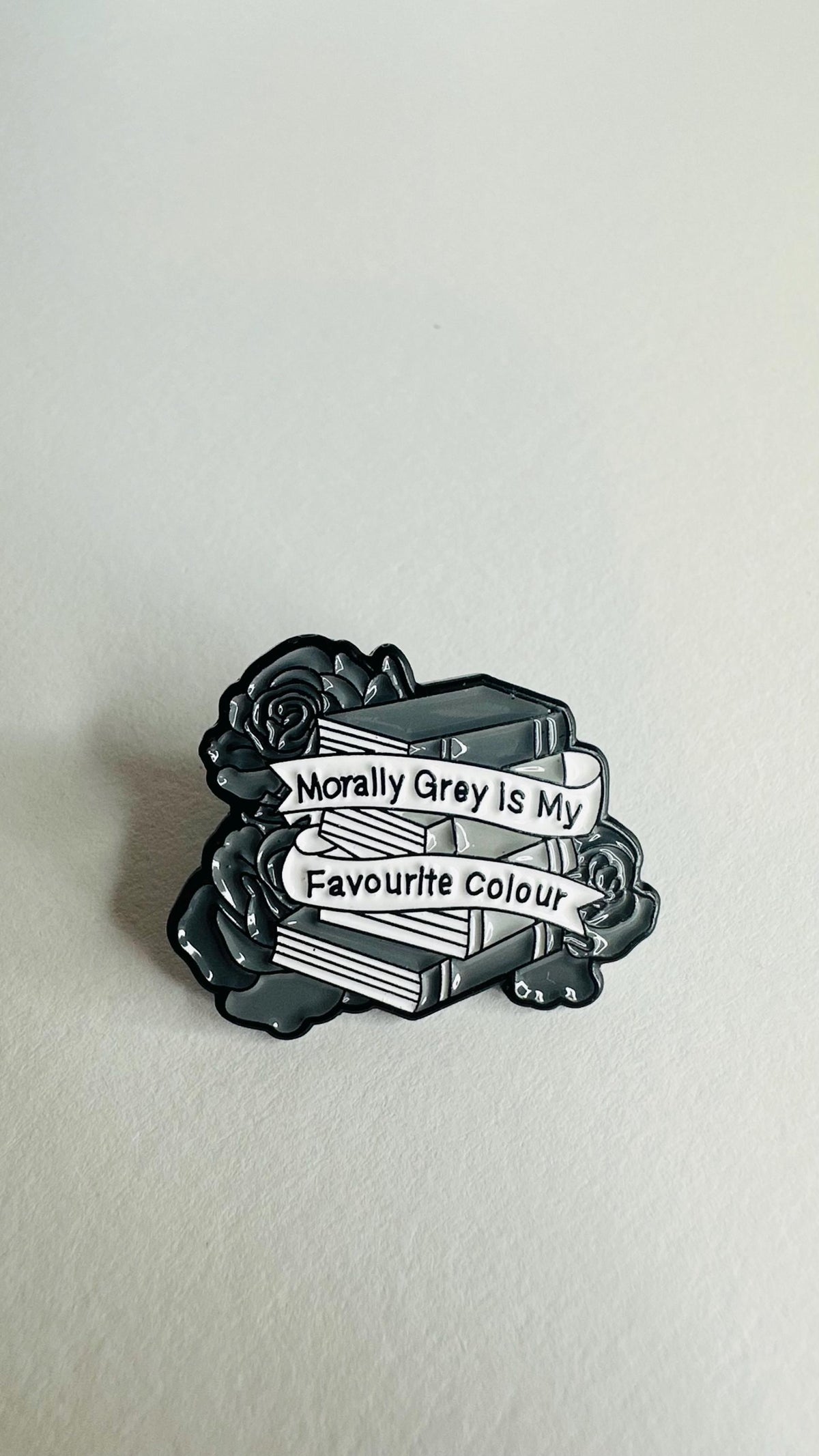 Morally Grey Enamel Pin – Dark Aesthetic Black & White Rose Book Gothic Literary Brooch