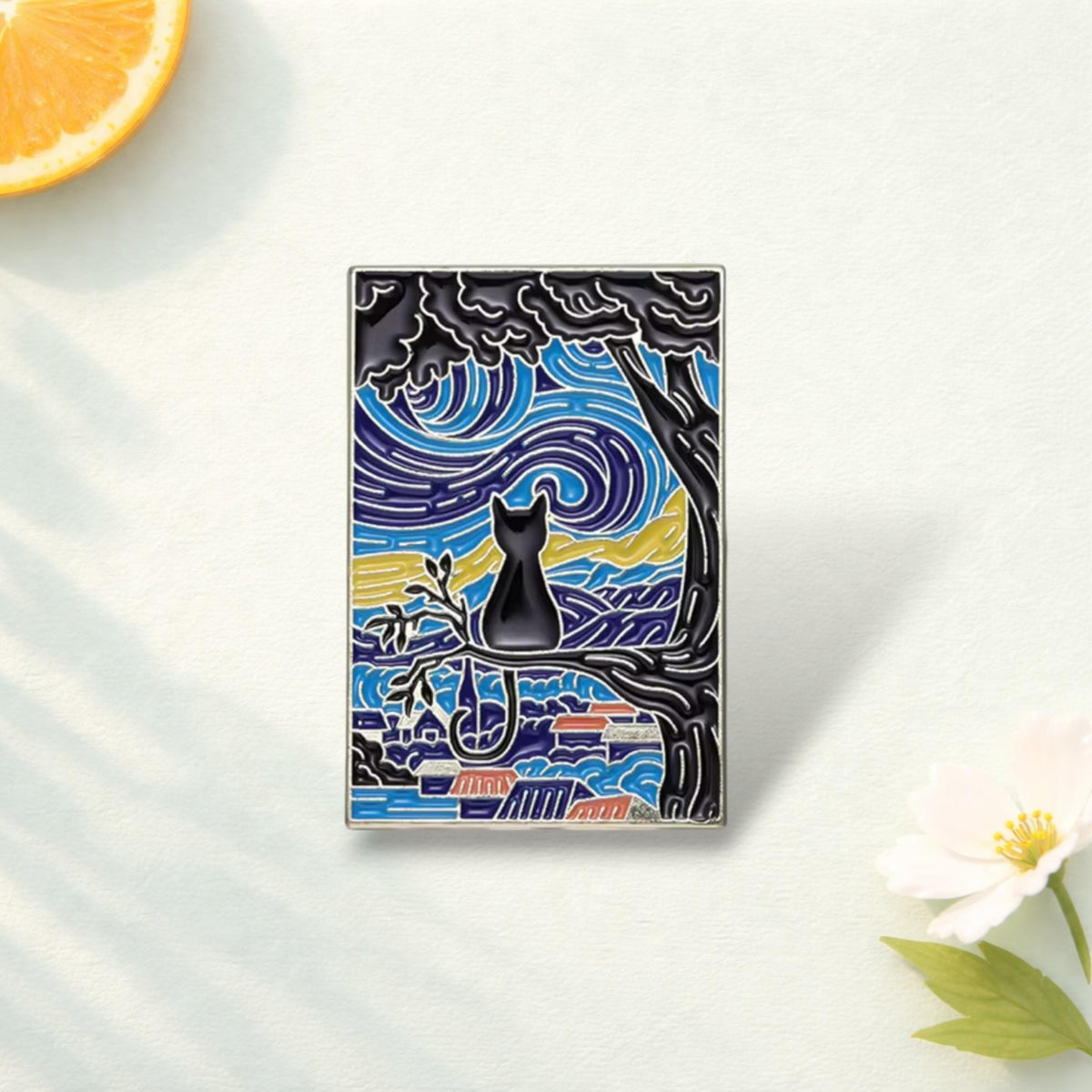 Starry Night Cats Enamel Pin Van Gogh Inspired Oil Painting Cat Brooch Art Badge Animal Lover Gift Lapel Pin Jewelry Kids Friends