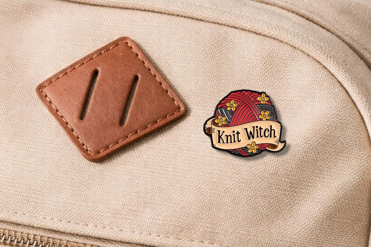 Knitting Witch Enamel Pin – Yarn Ball & Flowers Gothic Skull Brooch – Vintage Punk Craft Aesthetic Lapel Badge – Witchy Knitter Jewelry Gift