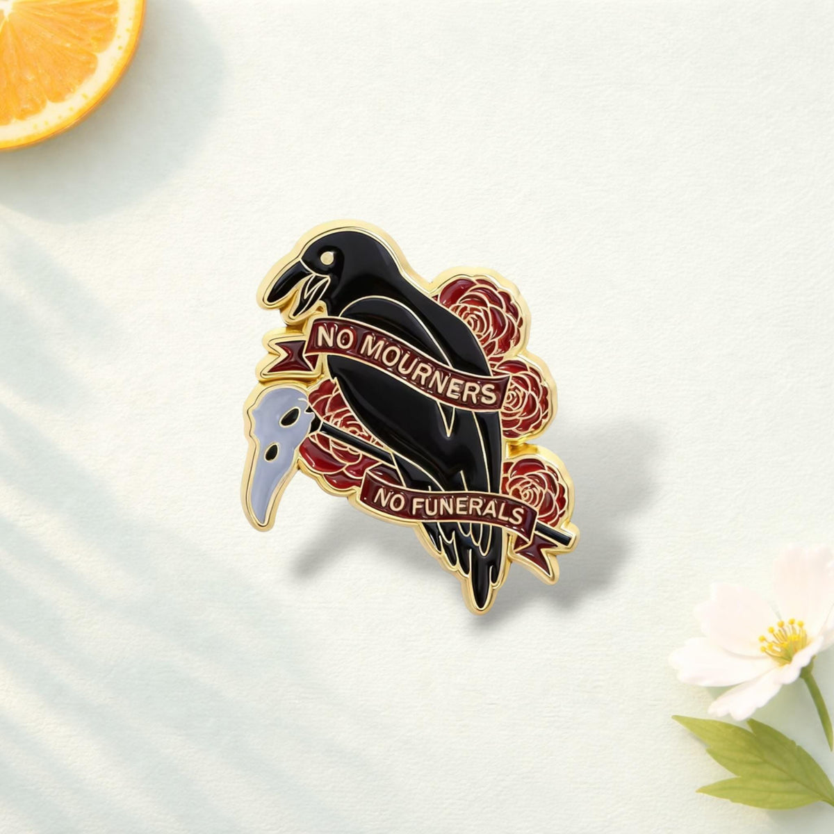 Six of Crows Enamel Pin No Mourners No Funerals Red Rose Crow Brooch Fantasy Book Lover Gift Grishaverse Inspired Lapel Badge