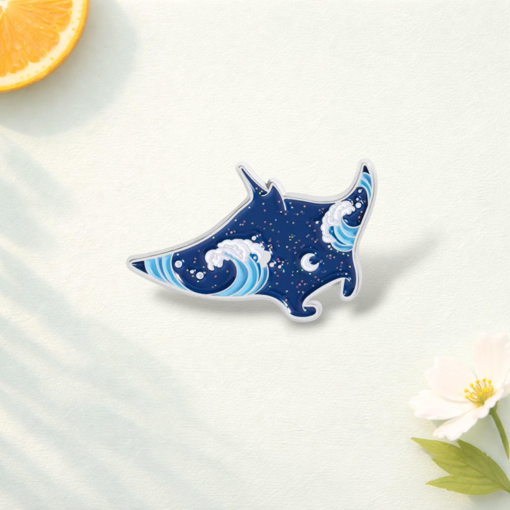 Cartoon Sparkling Underwater Sea Creatures Enamel Pin Glitter Manta Ray Dolphin Shark Brooch Lapel Badge Jewelry Gift